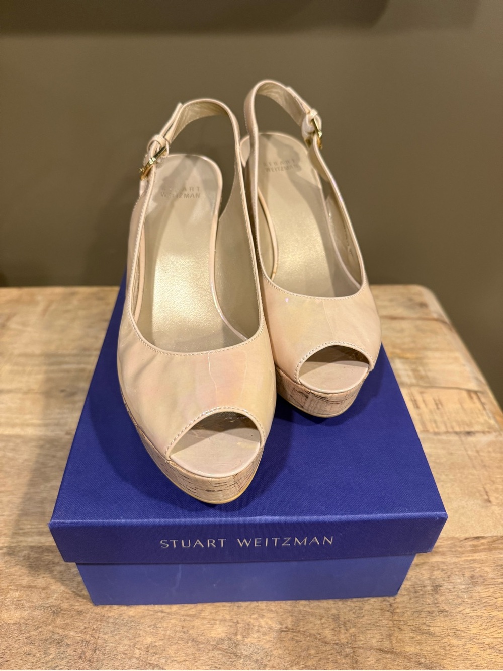 Stuart Weitzman NUJEAN Nude Patent Cork Wedge Sandals Size 9M